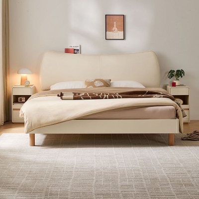 Soft and Elegant Leather Bed with Wood Frame